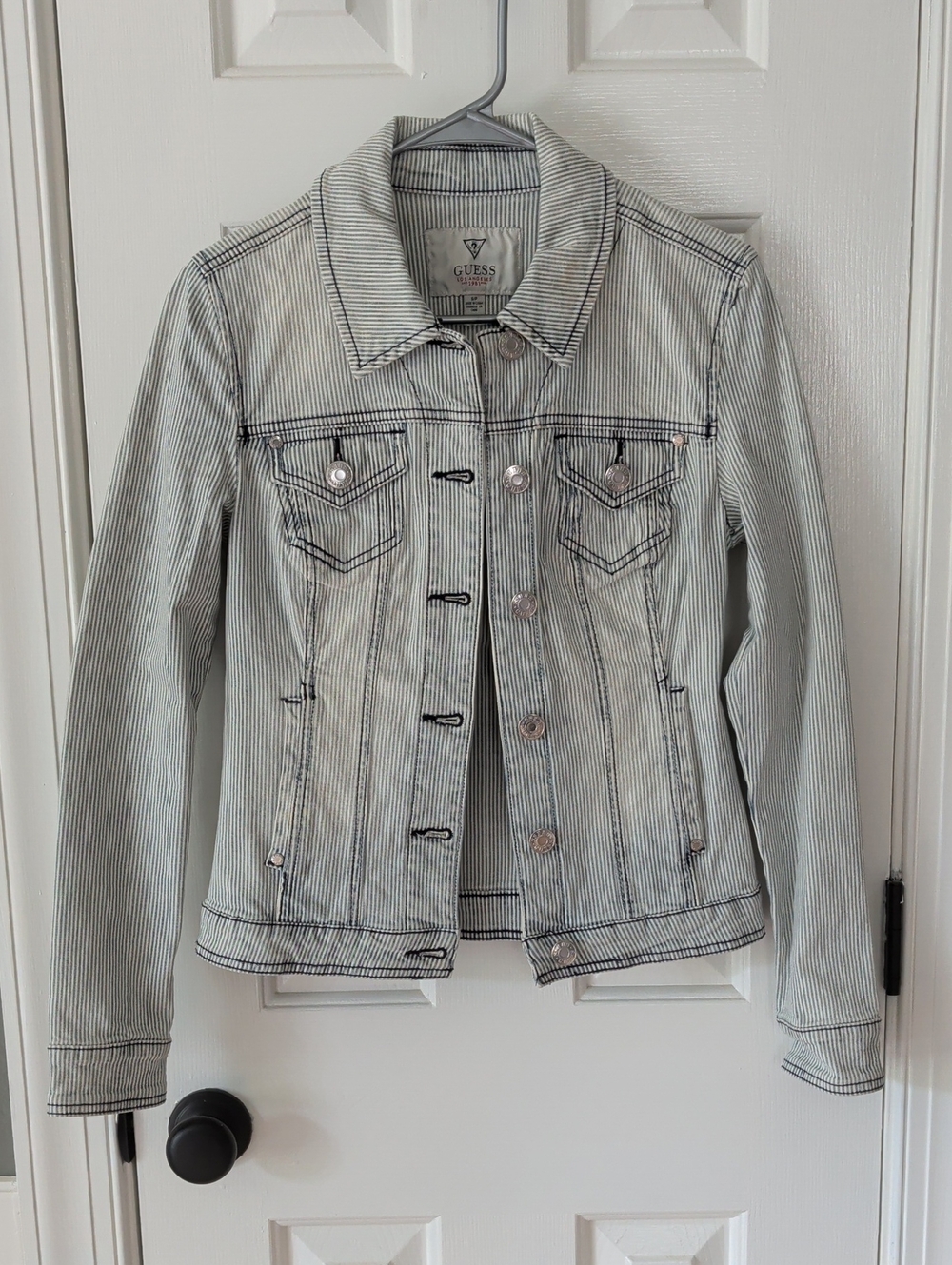 GUESS Light Blue and White Striped Denim Jacket